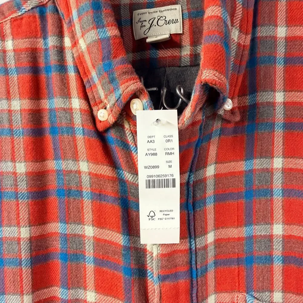 J Crew Flannel Shirt Plaid Red Blue Gray Medium Slim Double Weave AY988